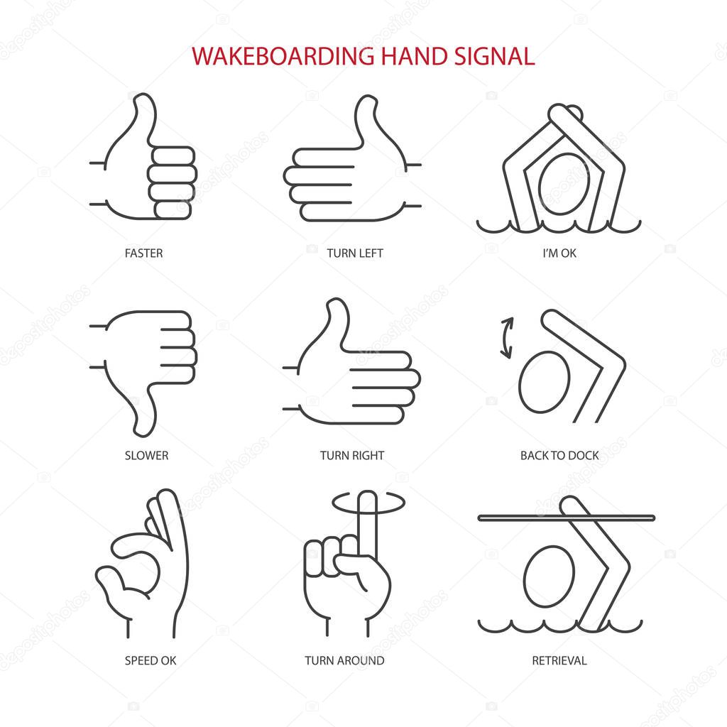 Wakeboarding hand signal vector icons set. Line icon set in modern geometric style. Isolated vector illustration of hand gesture boat  wakeboarding.
