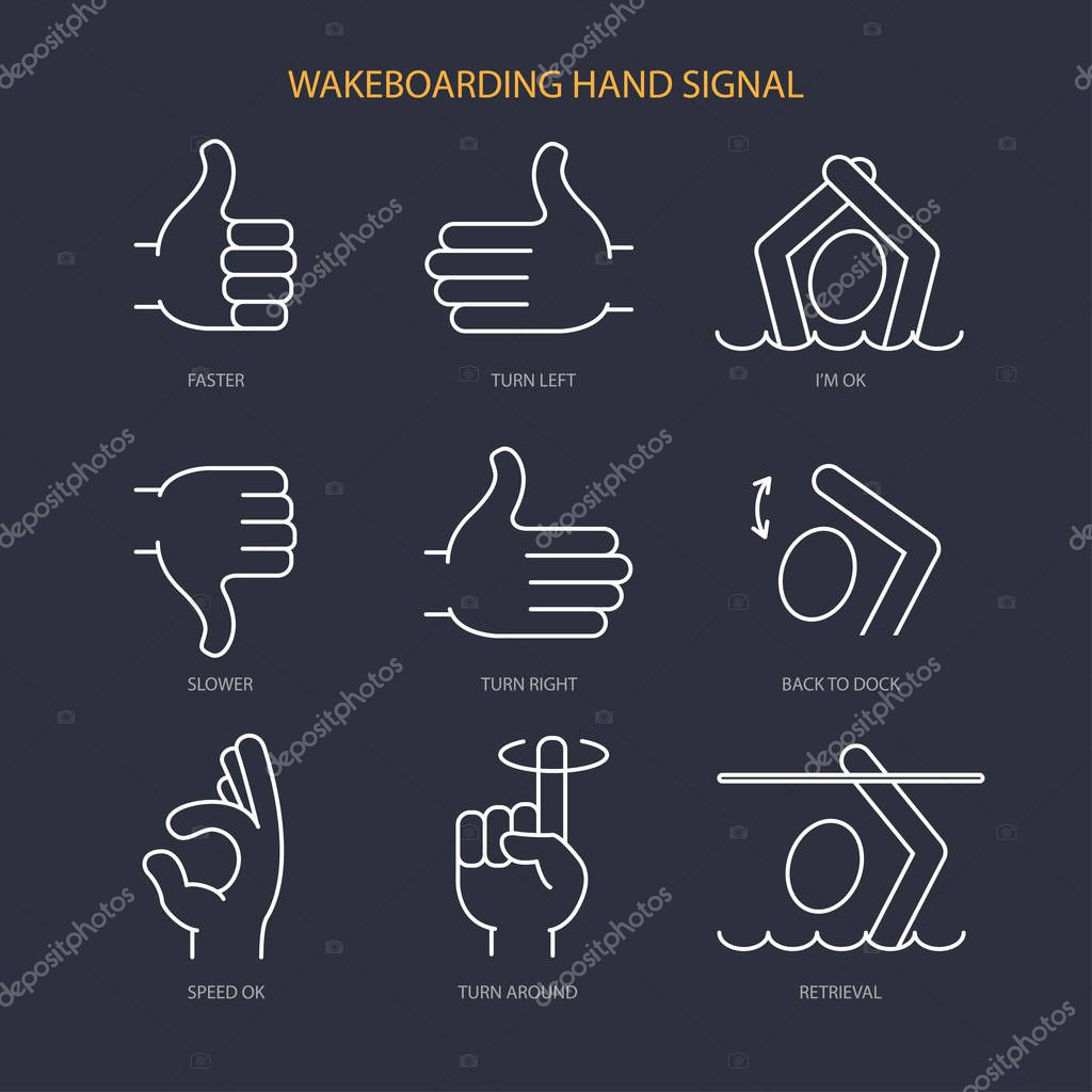 Wakeboarding hand signal vector icons set. Line icon set in modern geometric style. Isolated vector illustration of hand gesture boat  wakeboarding.