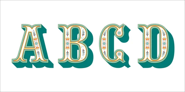 Folk alphabet ornamental floral letter A B C D — Stock Vector