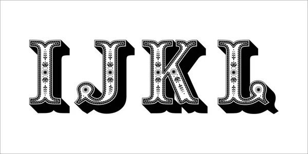 Folk alphabet ornamental floral letter I J K L — Stock Vector