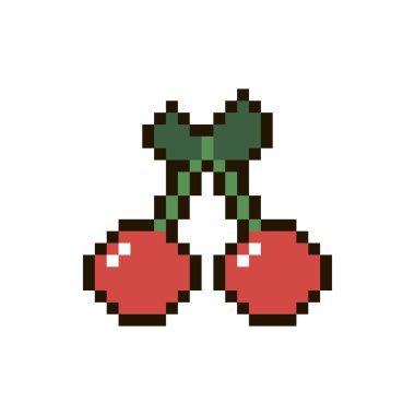 Beyaz arka plan üzerinde izole vektör piksel kiraz. 80s 90s tarzı tasarım resimleri - çıkartmalar, nakış, rozetleri için harika. Berry karikatür rozet veya logo.