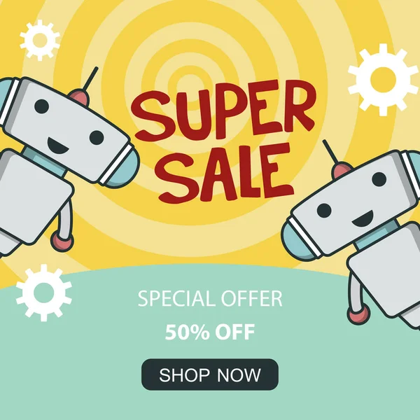 Super sale promo banner with cute robot — Stock Vector