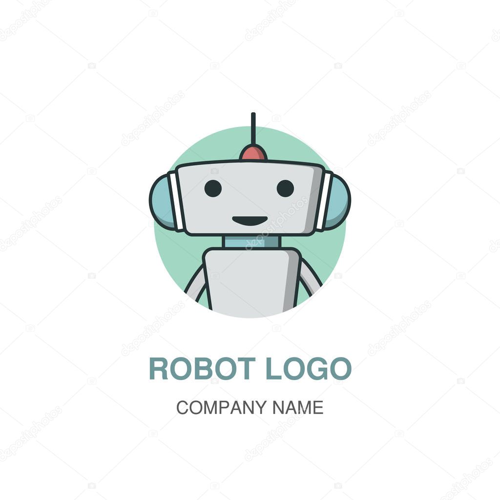 Bot or Chatbot logotype. Cute Outline robot for kids project. Vector flat line cartoon illustration isolated on white background. Voice support service bot. Virtual online support.
