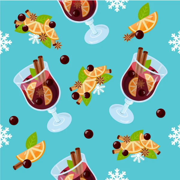 Mulled Wine Seamless Pattern Autumn Drink Christmas Holiday Alcoholic Cocktail — Stock Vector