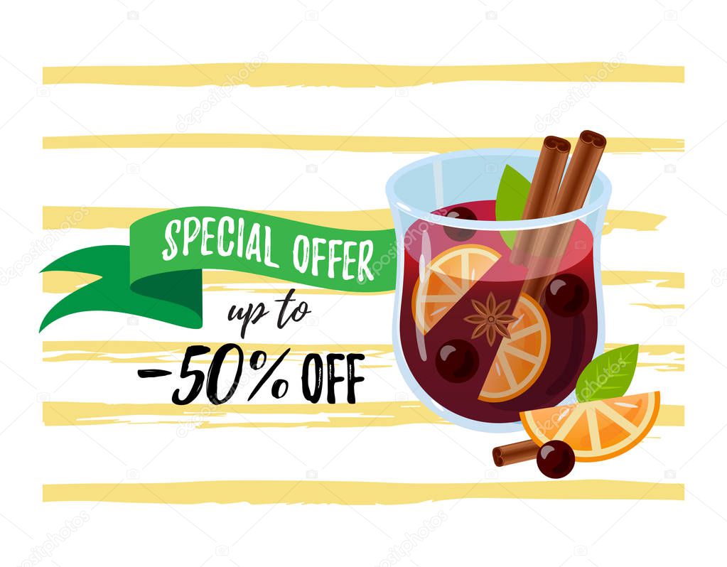 Special offer bunner with Mulled wine. Autumn drink with brush background. Christmas holiday alcoholic cocktail. Colorful illustration glintwein. Anise star, cinnamon sticks, orange, wine and cloves.