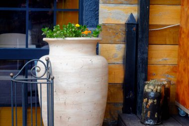 ahşap bir duvara yakın belgili tanımlık pencere, iç temanın arka plan üzerinde çiçekler ile büyük toprak vazo