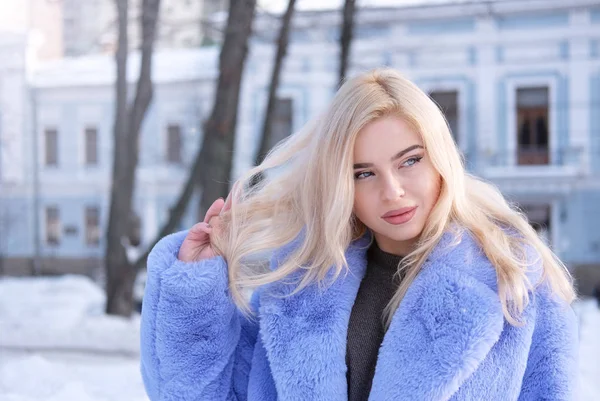 Kış Tema Güzel Insanlar Moda Mor Paltolu Mavi Gözlü Ihale — Stok fotoğraf