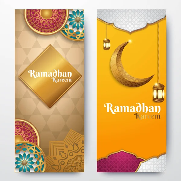 Ramadan Kareem Banner Vertikal Dengan Arabesqus Lentera - Stok Vektor