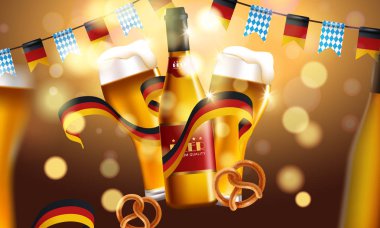 Geleneksel bira festivali Oktoberfest için yiyecek ve içecek öğelerle poster tasarımı