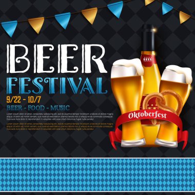 Festival oktoberfest poster bira varil sosis buğday kupa ve parti bayrakları ahşap arka plan vektör çizim ile