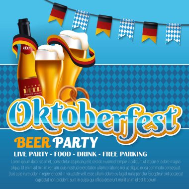 Reklam afiş şablon Oktoberfest bira bira festivali ile ilgili farklı nesneleri ile parti. Elle çizilmiş doodle desen arka plan üzerinde