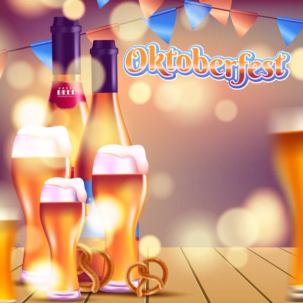 Ünnepi Poszter Oktoberfest Sör Hordó Kolbász Búza Bögre Fél Zászlók — Stock Vector