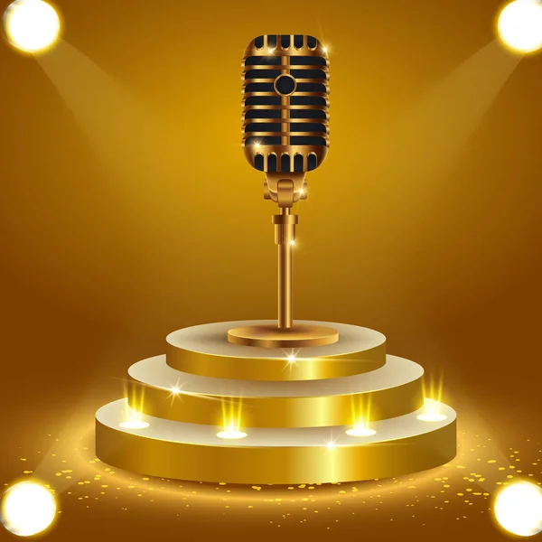 Golden Stage Microphone Shiny Background — Stock Vector