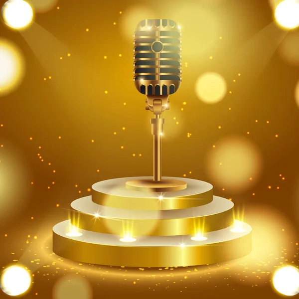 Bokeh Arka Plan Üzerinde Mikrofon Ile Altın Sahne — Stok Vektör