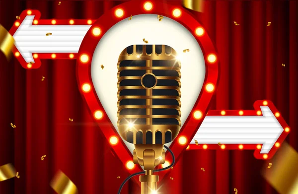 Goldenes Mikrofon Mit Zwei Pfeilen Auf Rotem Vorhang Hintergrund — Stockvektor