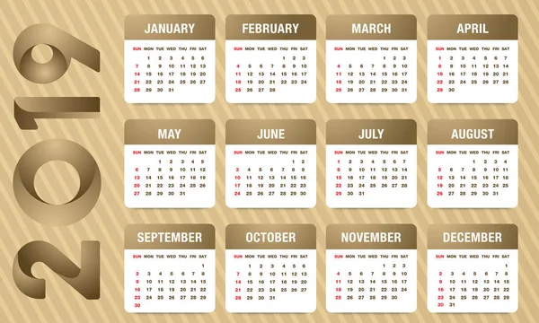 Simples 2019 Ano Calendário Vetorial 2019 Calendário Vertical Semana Começa — Vetor de Stock