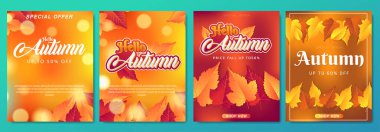 Sonbahar satış ve diğer tipografi flyer şablonu yazı ile topluluğu. Parlak yaprakları düşer. Poster, kart, etiket, banner tasarım kümesi