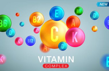 Multi Vitamin complex icons. Vitamin A, B group - B1, B2, B3, B5, B6, B9, B12, C, D, E, K multivitamin supplement logo clipart