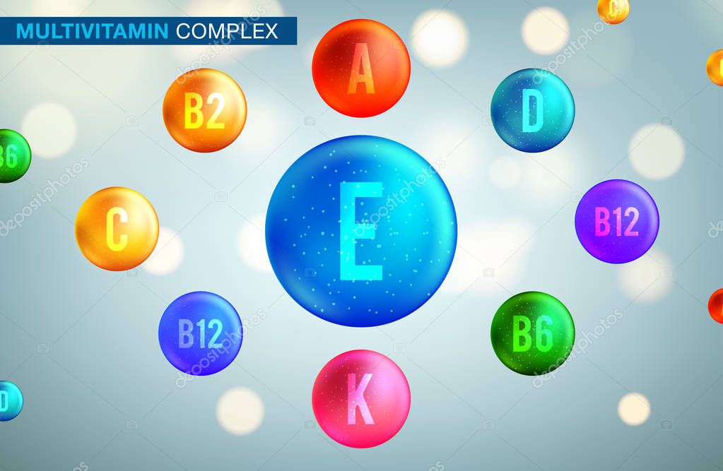 Vitamin and mineral complex 3d banner of dietary supplement and medicines