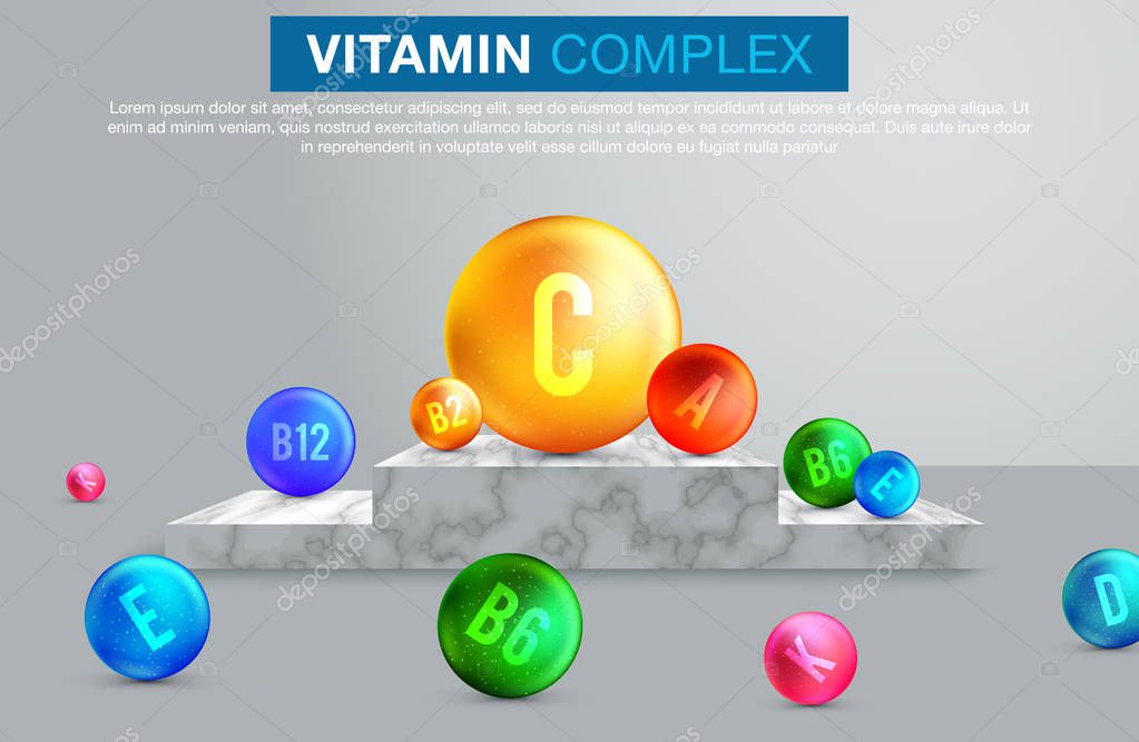 Multi Vitamin complex icons. Vitamin A, B group - B1, B2, B3, B5, B6, B9, B12, C, D, E, K multivitamin supplement logo
