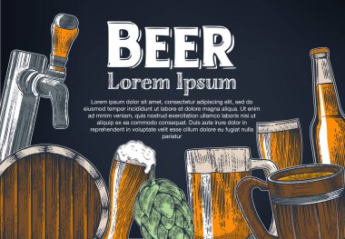 Yatay afiş dokunun, cam, şişe, hop dal yaprağı, arpa, kulak ile set bira varil bira fabrikası tank