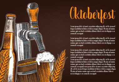 Renk bira cam, kupa, şerit, şişe ve hop. Vintage vektör oyma çizim