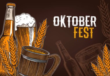 Renk bira cam, kupa, şerit, şişe ve hop. Vintage vektör oyma çizim