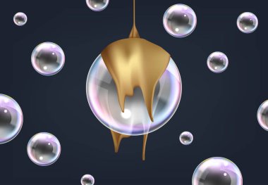 Gökkuşağı yansımalı gerçekçi sabun köpükleri izole edilmiş vektör illüstrasyonunu ayarlar