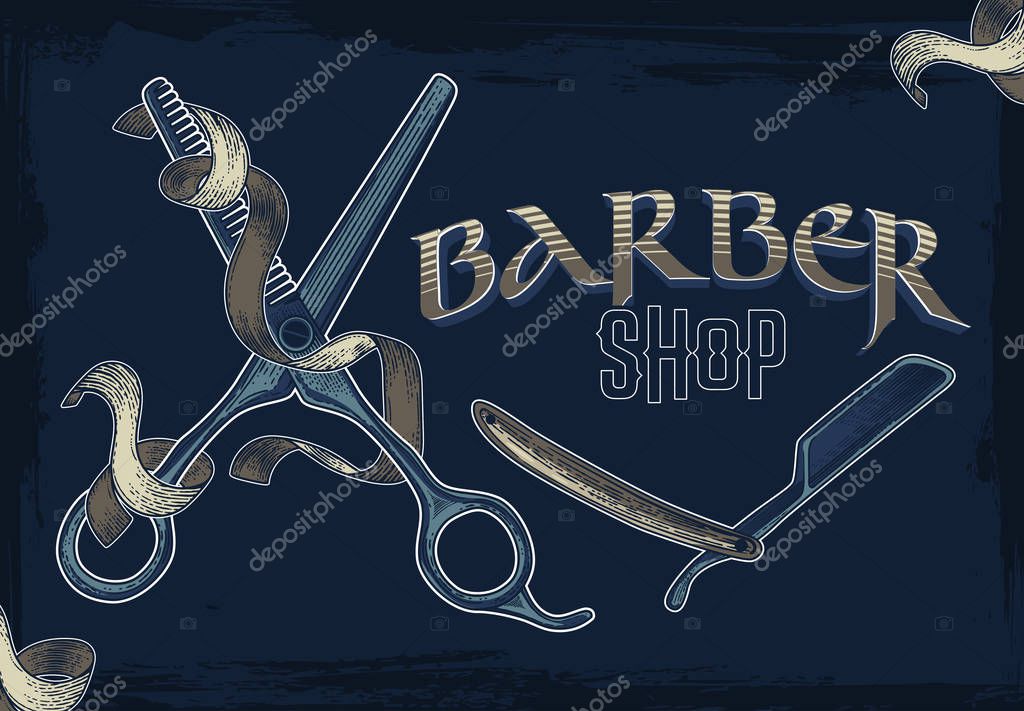 Hand drawn vector barber shop poster with signboard