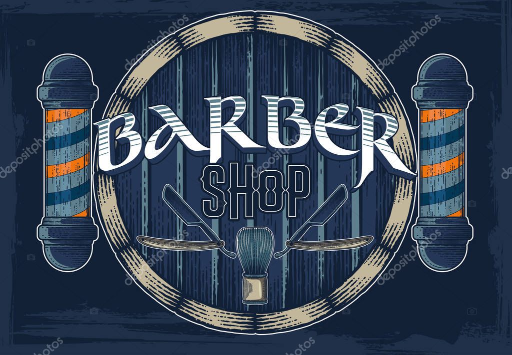 Hand drawn vector barber shop poster with signboard
