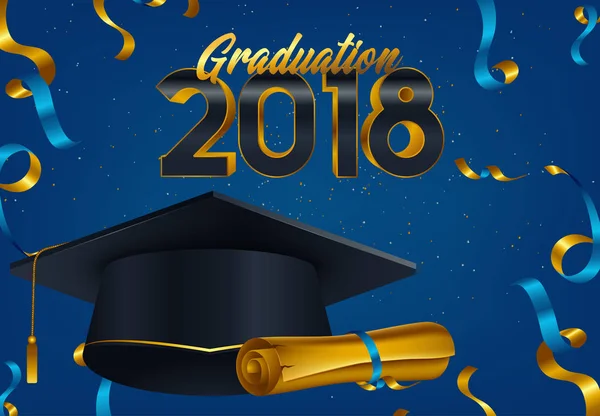 Graduation 2018 Party Zaproszenia Kapelusz Długie Złote Wstążki Jedwabne Konfetti — Wektor stockowy