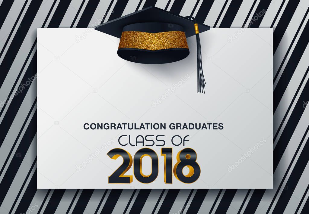 Graduation 2018 party invitation card with hat and long gold silk ribbon and confetti