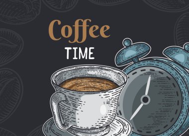 Yazı tahtası üzerinde kağıt bardak kahve illüstrasyon vektör vintage el çekilmiş