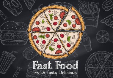 Klasik fast food geçmişi. El çizimi illüstrasyon