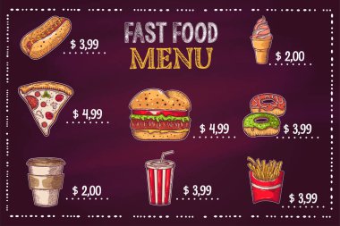 Vintage Fast food ayarlayın. Elle çizilmiş, yazı, kroki. Menü, reklam ve afişler için vektör nesneleri