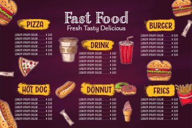 Klasik fast food geçmişi. El çizimi illüstrasyon