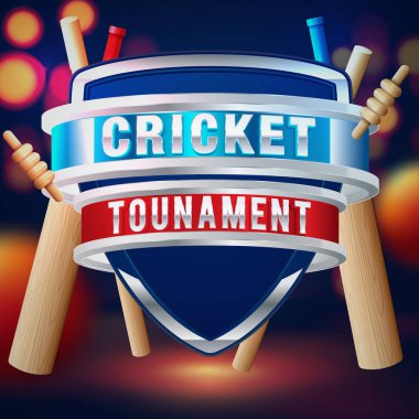 Parlak bulanık arka planda yarasa, top ve Wicket kütükleri gibi gerçekçi kriket ekipmanları