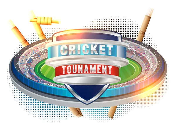 Vector del póster del campeonato de cricket o diseño de pancarta con murciélagos de cricket de madera y pelota — Vector de stock