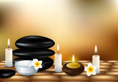 Gerçekçi bir stil Vektör illüstrasyon, aromatik tuz ile spa tedavileri için ayarlanmış, masaj yağı, bambu sürgünler arka planda mumlar