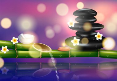 Gerçekçi bir stil Vektör illüstrasyon, aromatik tuz ile spa tedavileri için ayarlanmış, masaj yağı, bambu sürgünler arka planda mumlar