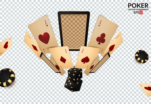 Casino návrhové prvky poker žetony, hrací karty a kostky. Poker znak — Stockový vektor