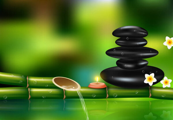 vector background of a spa with stones, and a sprig of green bamboo