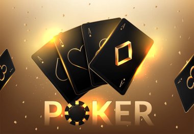 Casino Kumar turnuva gerçekçi oyun kartları ve casino fişi siyah bokeh arka plan üzerinde şablon tasarımı