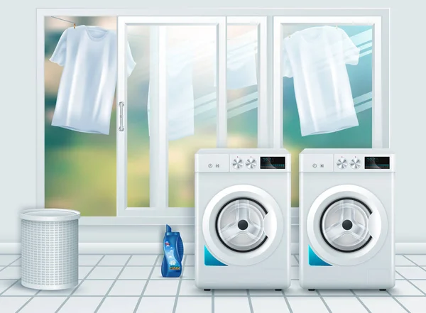 Διανυσματικό φόντο με 3D ρεαλιστική σύγχρονη λευκό χάλυβα πλυντηρίου μηχάνημα κοντινό. Φόντο. Υπόδειγμα σχεδίου του Γουάτσερ. Μπροστινή θέα, Πλύσιμο ρούχων — Διανυσματικό Αρχείο