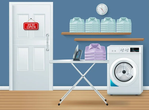 Laundry Room realistic vector illustration on blue background. Cover template. banner design — Stock Vector