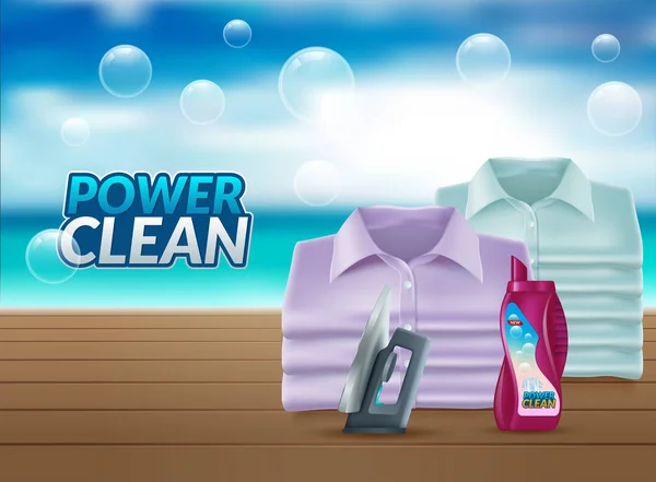Yıkama tozu Vektör gerçekçi promo afiş, şişe, kavanoz sıvı deterjan reklam için poster. Ürün için 3b şablon — Stok Vektör