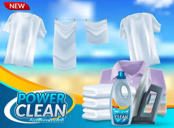 Toz çamaşır deterjanı reklam afişi. Vektör gerçekçi illüstrasyon — Stok Vektör