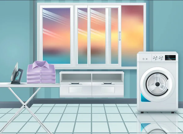 Wasruimte met wasmachine en droger. Vlakke stijl met lange schaduwen. Moderne trendy ontwerp. Vectorillustratie — Stockvector