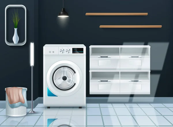 Fondo realista con lavadora moderna en la sala de lavandería vacía vector ilustración — Vector de stock