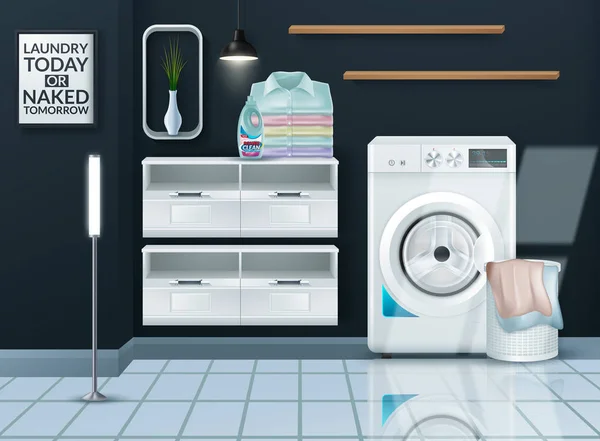 Ρεαλιστικό φόντο με σύγχρονο πλυντήριο σε άδειο δωμάτιο πλυντηρίων διανυσματική απεικόνιση — Διανυσματικό Αρχείο